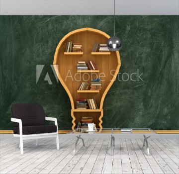 Picture of Concept of idea Bookshelf full of books in form of bulb with co